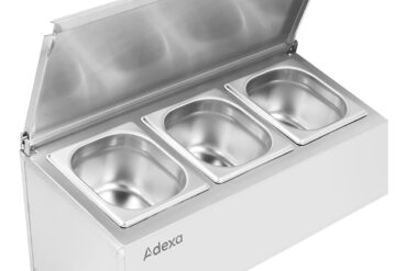 Komerciāls garšvielu turētājs ar vāku, ietverot 3xGN1/6-150mm konteinerus, Nerūsējošais tērauds | Adexa CHD03ADFL