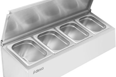 Komerciāla garšvielu turētājs ar vāku, ieskaitot 4xGN1/4-100mm traukus, Nerūsējošais tērauds | Adexa CHE04AFL