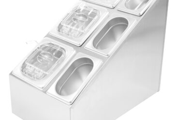 Komerciālais garšvielu katliņu turētājs, ieskaitot 3xGN1/6 + 3xGN1/9 katlus ar iedobuma vākiem un kausiņiem | Adexa CHM01D