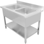 Komerciālais izlietne Nerūsējošais tērauds 1200x700x900mm 2 bļodas Aizmugurējais panelis | Adexa DSA245