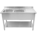 Komerciāls dubults izlietņu komplekts no nerūsējošā tērauda 1500x700x950mm ar 2 izlietnēm kreisajā pusē Aizsargplāksne | Adexa DSD1570L - Image 4