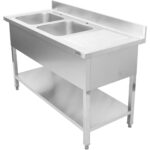 Komerciāls dubults izlietņu komplekts no nerūsējošā tērauda 1500x700x950mm ar 2 izlietnēm kreisajā pusē Aizsargplāksne | Adexa DSD1570L