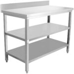 Komercdarba galds Nerūsējošais tērauds 3 līmeņi Aizmugures panelis Kvadrātveida kājas 1500x600x900mm | Adexa DW3T15060B