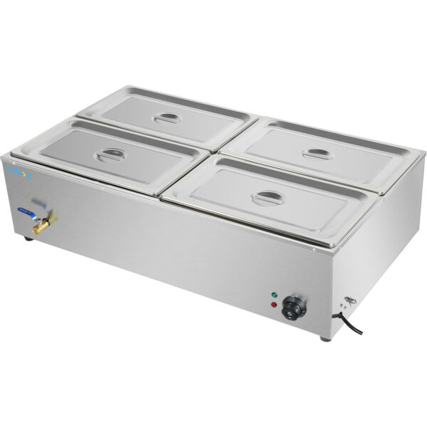 Komerciālais XL Bain Marie ar drenāžas krānu 4xGN1/1, ieskaitot 4 konteinerus ar vāku | Adexa HB4XL