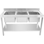 Komercijas izlietne Nerūsējošais tērauds 1500x600x900mm 3 bļodas Aizmugures panelis | Adexa STD345A - Image 2