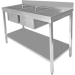 Tirdzniecības izlietne Nerūsējošais tērauds 1500x600x850mm 2 bļodas pa kreisi ar noteces dēli Aizmugures plāksne Apakšplaukts | Adexa STT1560L