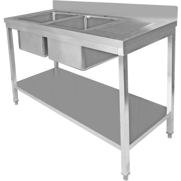 Tirdzniecības izlietne Nerūsējošais tērauds 1500x600x850mm 2 bļodas pa kreisi ar noteces dēli Aizmugures plāksne Apakšplaukts | Adexa STT1560L