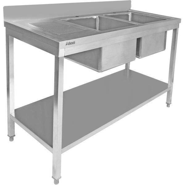 Komerciāla izlietne Nerūsējošais tērauds 2000x600x850mm 2 bļodas labajā pusē ar notekplātni Aizmugures panelis Apakšplaukts | Adexa STT2060R
