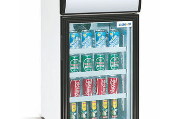 Komercijas pudeļu dzesētājs Mini 50 litri Statiskā dzesēšana Ar eņģēm stikla durvis Melns/Balts Jumtiņa apgaismojums | Adexa LG50