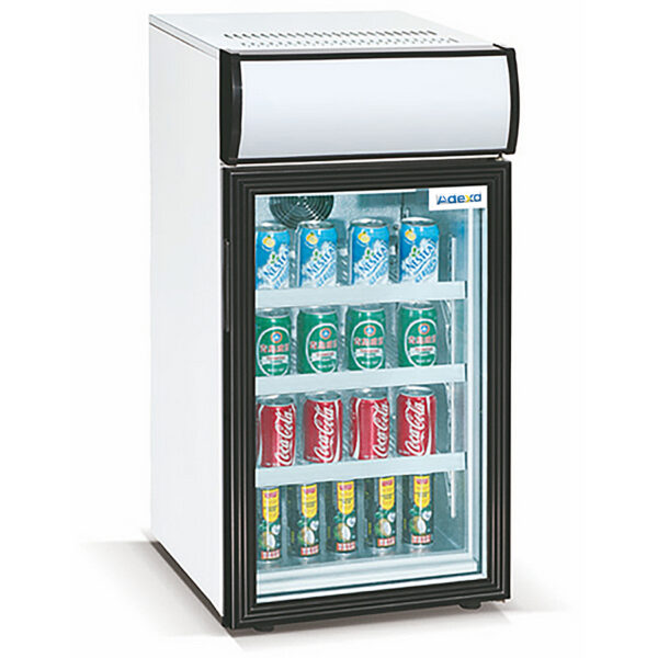 Komercijas pudeļu dzesētājs Mini 50 litri Statiskā dzesēšana Ar eņģēm stikla durvis Melns/Balts Jumtiņa apgaismojums | Adexa LG50