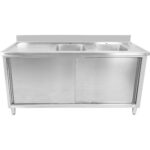 Komerciāls dubultās izlietnes skapītis nerūsējošā tērauda 1500x600x900mm 2 bļodas ar aizsargmalu | Adexa DSD15602DR - Image 4