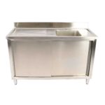 Tirdzniecības izlietne ar bīdāmām durvīm Nerūsējošs tērauds 1 bļoda Pa labi Apakšējā plaukts Aizmugurējais uzlīmju panelis 1800x700x900mm | Adexa DSA180702DR - Image 2