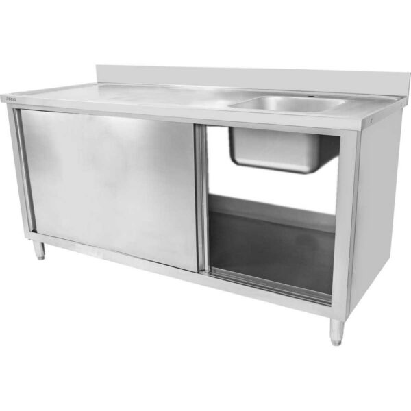 Tirdzniecības izlietne ar bīdāmām durvīm Nerūsējošs tērauds 1 bļoda Pa labi Apakšējā plaukts Aizmugurējais uzlīmju panelis 1800x700x900mm | Adexa DSA180702DR