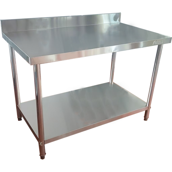 Komerciālais darba galds Ar apakšējo plauktu Aizmugurējais panelis Nerūsējošā tērauda Apaļas kājas 1500x600x900mm | Adexa QNH1144