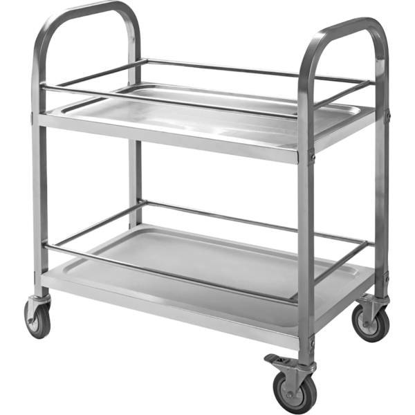 Dzērienu ratiņi nerūsējošā tērauda pudeļu pārvadāšanai, 2 plaukti ar aizsargājošu rāmi, kvadrātveida caurules 950x500x950mm | Adexa SBT2A