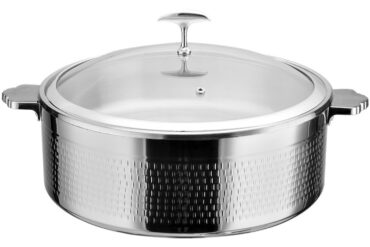 Servēšanas un sildīšanas katls ar stikla vāku un nerūsējošā tērauda ieliktni, trīsslāņu āmurēta virsma ⌀320x120mm nerūsējošā tērauda apdare | Adexa E0312001