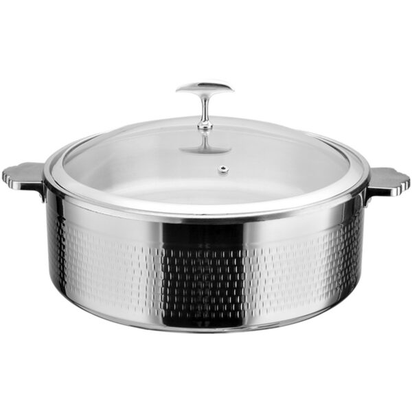 Servēšanas un sildīšanas katls ar stikla vāku un nerūsējošā tērauda ieliktni, trīsslāņu āmurēta virsma ⌀320x120mm nerūsējošā tērauda apdare | Adexa E0312001