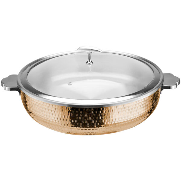 Pasniegšanas un sildīšanas katls ar stikla vāku un keramikas ieliktni, trīsslāņu āmurēta virsma ⌀320x90mm varš | Adexa E0312210M