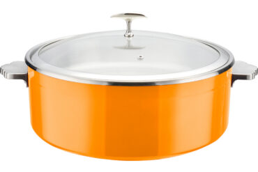 Pasniegšanas un sildīšanas katls ar stikla vāku un keramikas ieliktni Trīsslāņu krāsots pārklājums ⌀320x120mm Oranžs | Adexa E0912015M