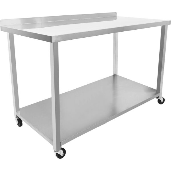 Komerciāls mobilais darba galds ar ritenīšiem, nerūsējošā tērauda apakšējā plaukta un aizmugures paneli 1500x700x900mm | Adexa DWTC70150B