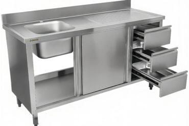 Komerciālais izlietnes skapītis no nerūsējošā tērauda 1000x600x900mm 1 bļoda pa kreisi 3 atvilktnes Aizsargsiena | Adexa DSA601002D3DL