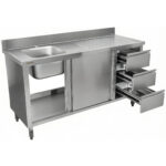 Komerciālais izlietnes skapītis no nerūsējošā tērauda 1000x600x900mm 1 bļoda pa kreisi 3 atvilktnes Aizsargsiena | Adexa DSA601002D3DL