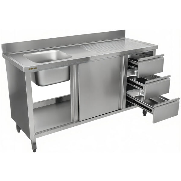 Komerciālais izlietnes skapītis no nerūsējošā tērauda 1000x600x900mm 1 bļoda pa kreisi 3 atvilktnes Aizsargsiena | Adexa DSA601002D3DL