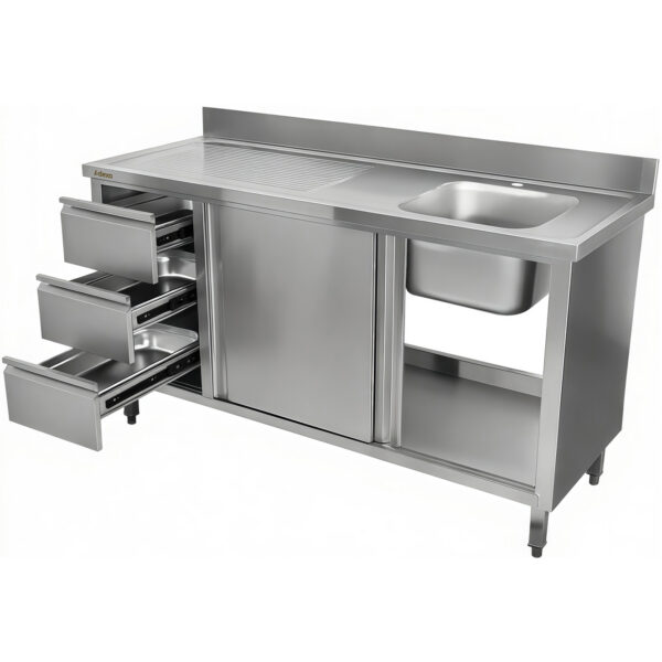 Komerciālais izlietnes skapis no nerūsējošā tērauda 1000x600x900mm 1 bļoda pa labi 3 atvilktnes Aizsargsiena | Adexa DSA601002D3DR