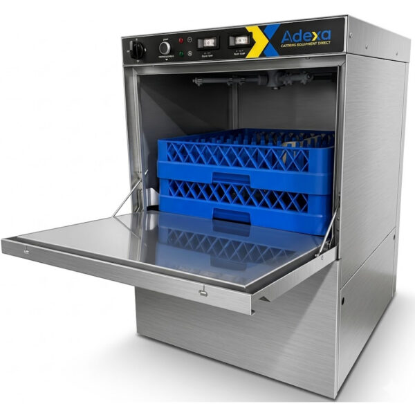 Komerciālā trauku mazgājamā mašīna 500 šķīvji/stundā 500mm grozs Drenāžas sūknis Mazgāšanas līdzekļa sūknis Skalošanas līdzekļa sūknis 230V/1 fāze | Adexa WZ50DRDP